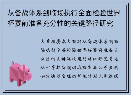 从备战体系到临场执行全面检验世界杯赛前准备充分性的关键路径研究